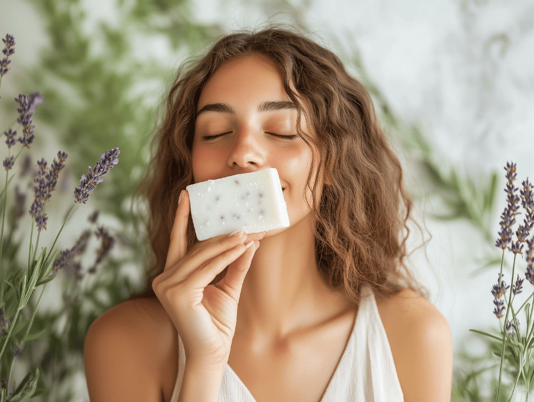 A woman with wavy brown hair and closed eyes holds a natural scented bar soap near her face, smiling contentedly. She is surrounded by lavender flowers and greenery, creating a serene and natural atmosphere. She wears a light-colored sleeveless top.