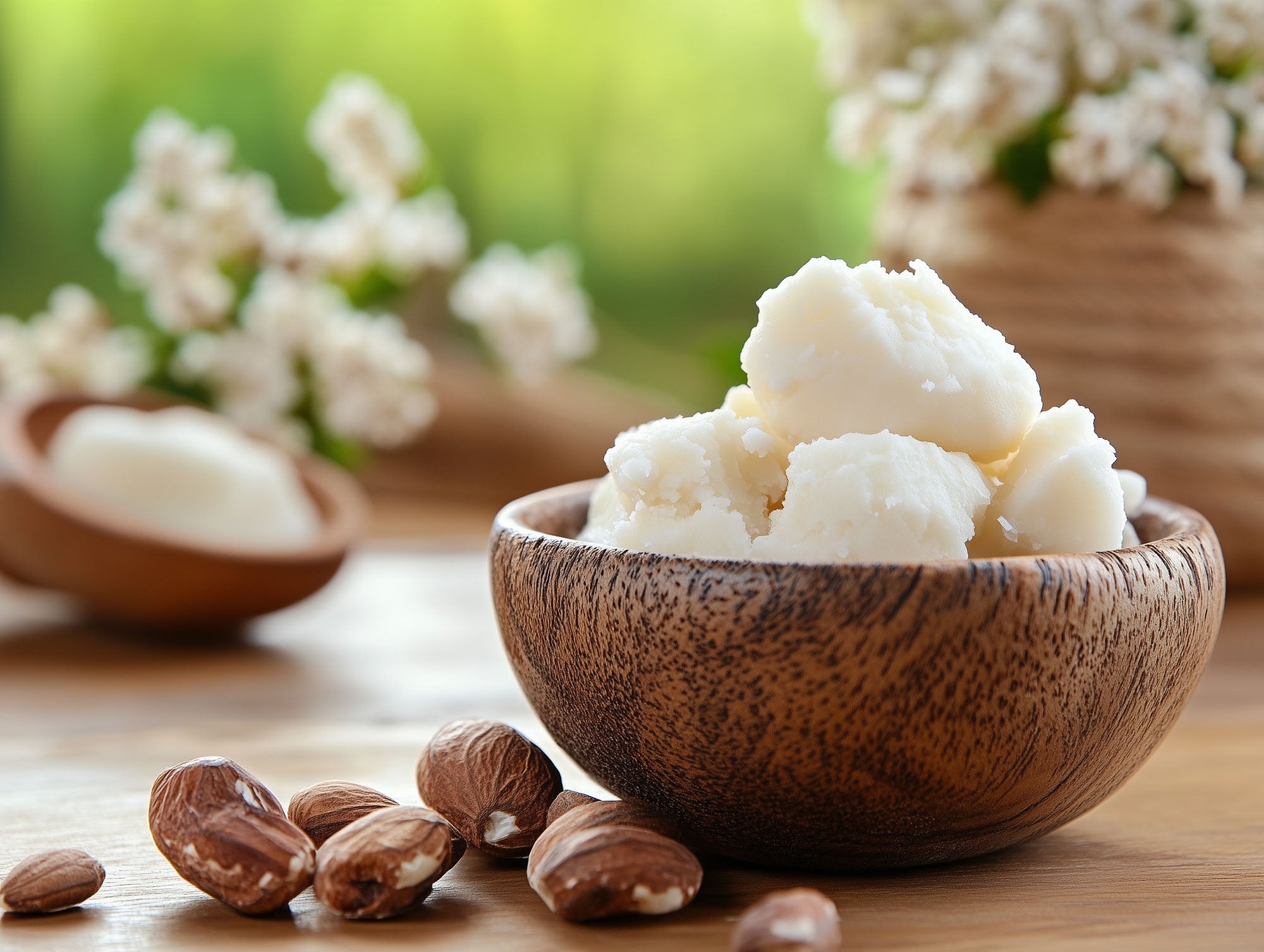 A wooden bowl filled with white shea butter sits on a wooden table, accompanied by scattered shea nuts. Blurred flowers and greenery create a natural, serene setting. Does shea butter have a scent?