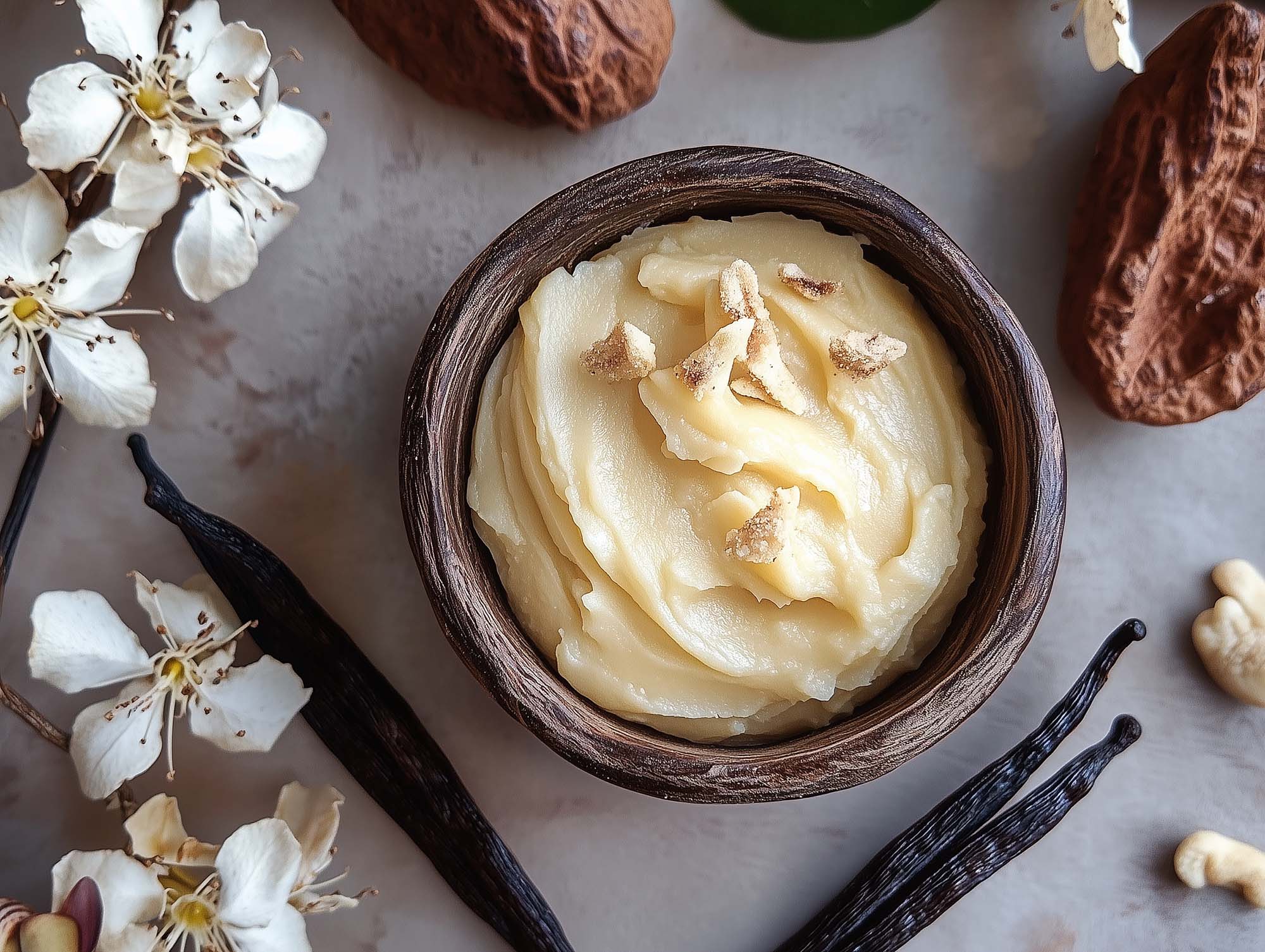 A wooden bowl filled with creamy shea butter, which has a warm and nutty scent, is garnished with small nuts, surrounded by vanilla pods, dried seeds, and delicate white flowers on a textured surface.