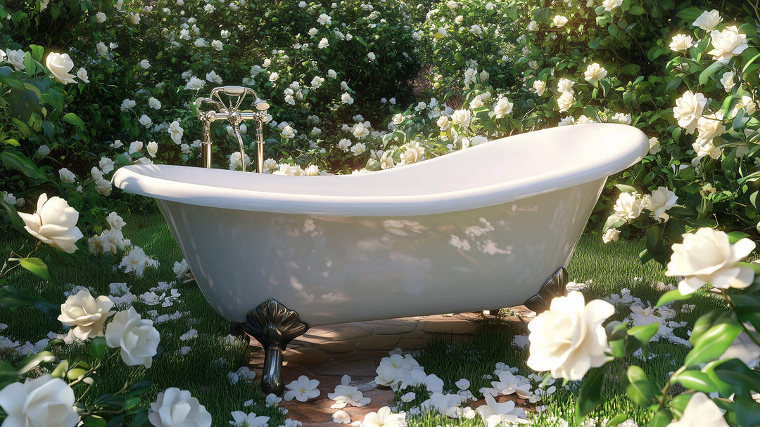 A vintage white clawfoot bathtub sits on a stone path surrounded by dense blooming white roses and lush greenery under soft sunlight, creating a serene and whimsical outdoor setting.