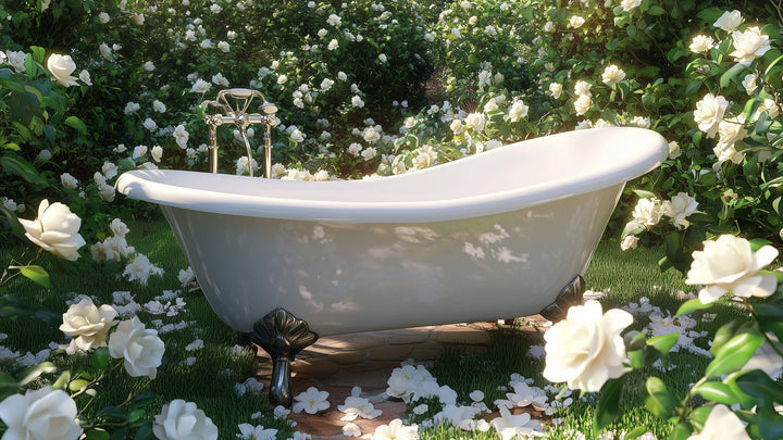 A vintage white clawfoot bathtub sits on a stone path surrounded by dense blooming white roses and lush greenery under soft sunlight, creating a serene and whimsical outdoor setting.