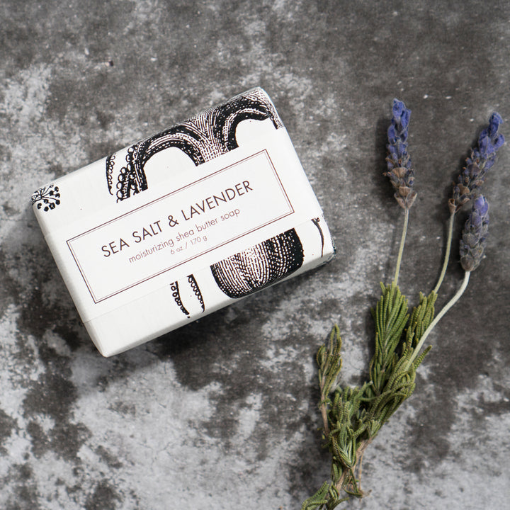 Formulary55 Sea Salt and Lavender Bar Soap on Dark Concrete with Lavender Sprig